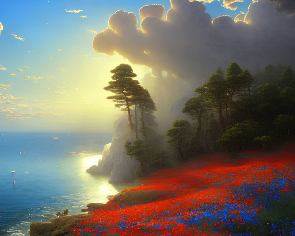 Tranquil seascape with vibrant meadow, cliffs, pine trees, and dramatic sky