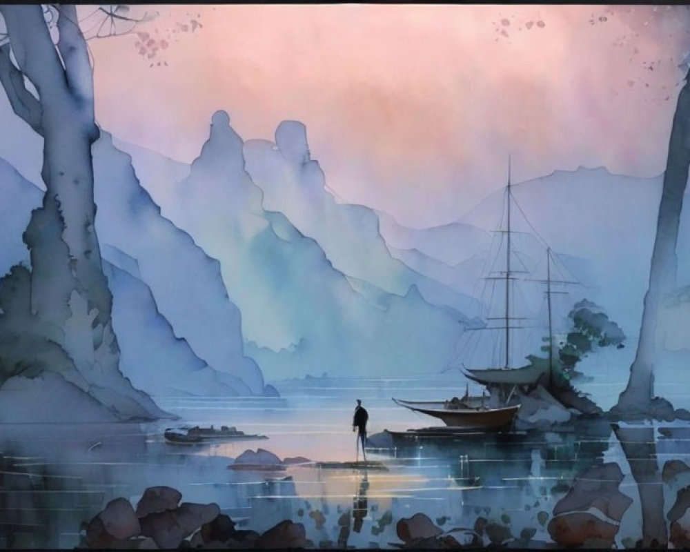 Tranquil watercolor scene: lake, boat, person, misty mountains, pastel dawn