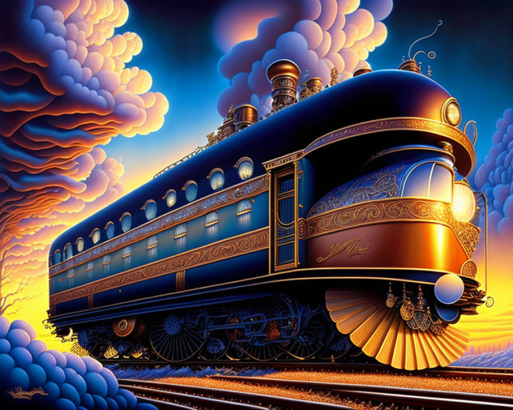 Vintage train illustration with intricate designs and steam against vibrant, stylized clouds at dusk or dawn.