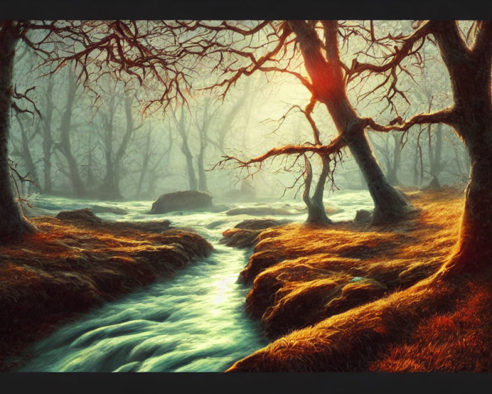 Ethereal forest scene with glowing river and twisted bare trees