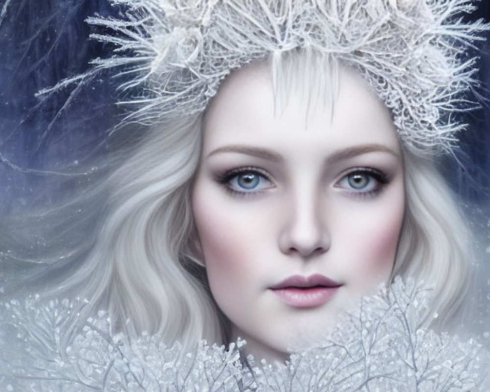Pale woman with blue eyes wearing a frosty floral crown - a wintry, ethereal beauty.
