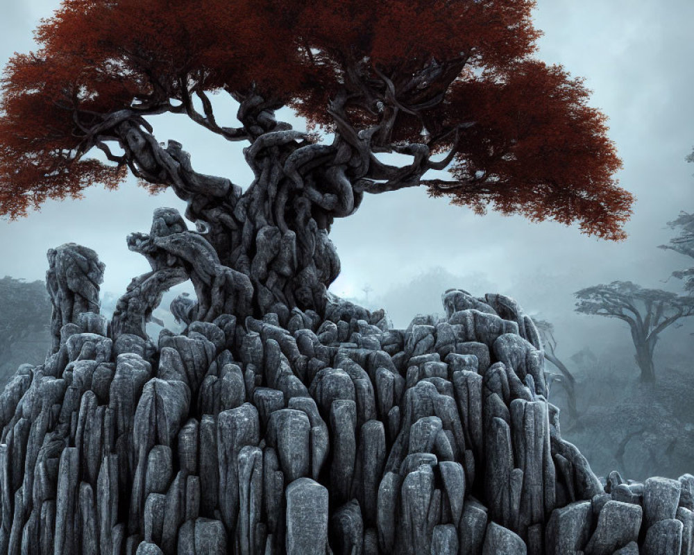 Majestic ancient tree with red leaves on grey stones in misty forest landscape