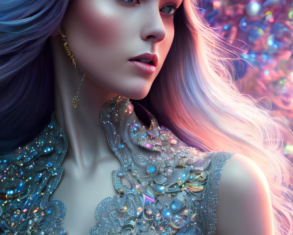 Fantasy-themed portrait of a woman with crown and sparkling attire in blue and purple hues against bokeh