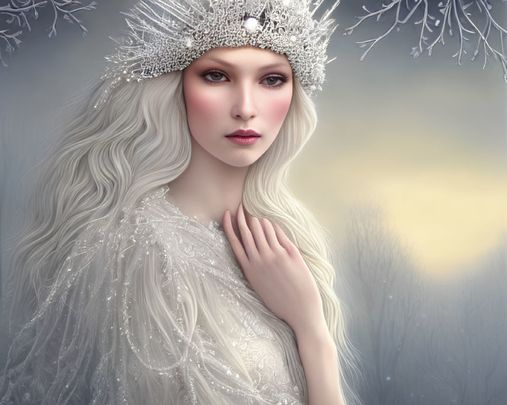 Portrait of Woman with White Hair and Crystal Crown in Winter Setting