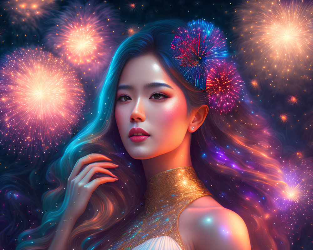 Vibrant fireworks surround woman with flowing hair