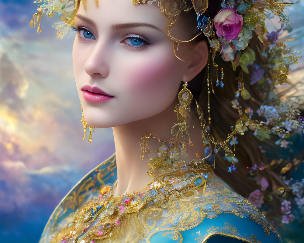Portrait of Woman with Floral Headdress and Blue/Gold Dress Against Cloudy Sky