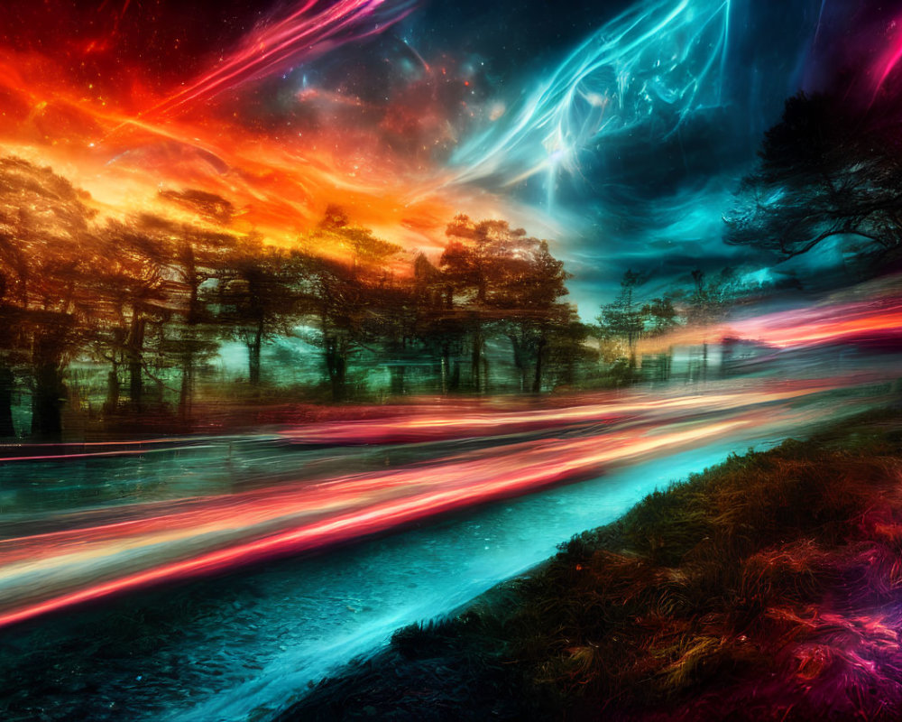 Colorful surreal landscape with river, neon lights, trees, and cosmic sky