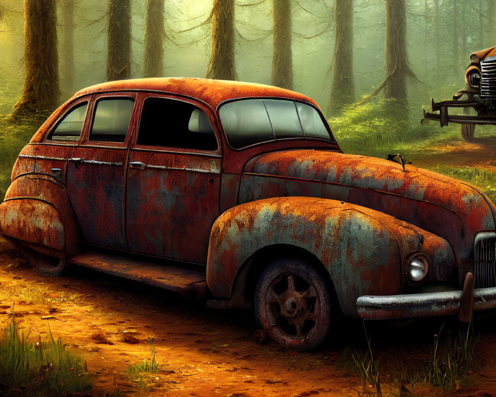Rusted car abandoned in misty forest with light filtering through trees