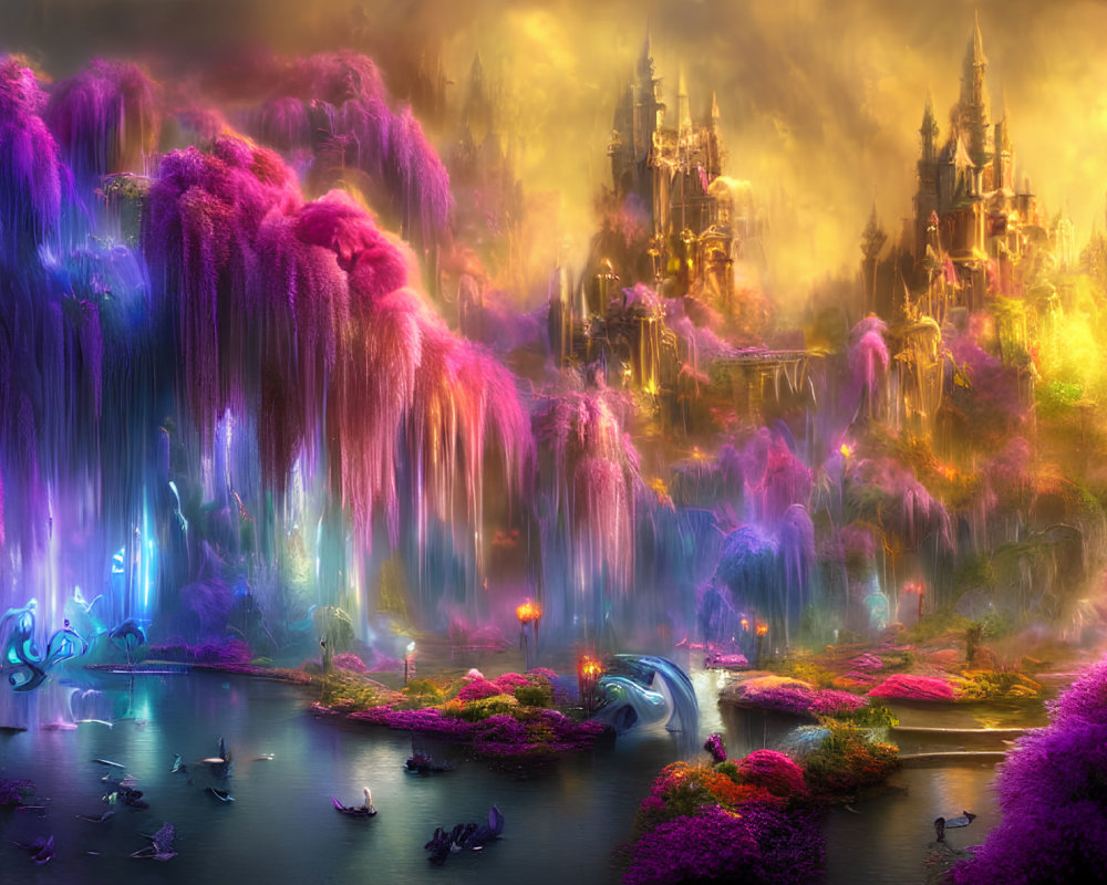 Colorful Fantasy Landscape with Flora, Waterfalls, Castles, and Lake Boats