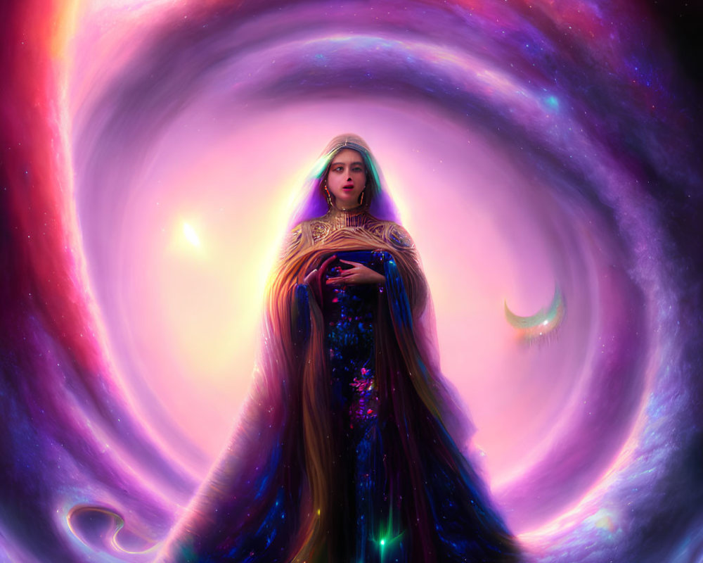 Mystical woman in ornate attire surrounded by celestial bodies in cosmic backdrop