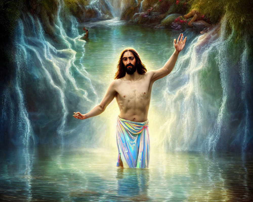 Traditional Depiction of Jesus in River with Waterfalls