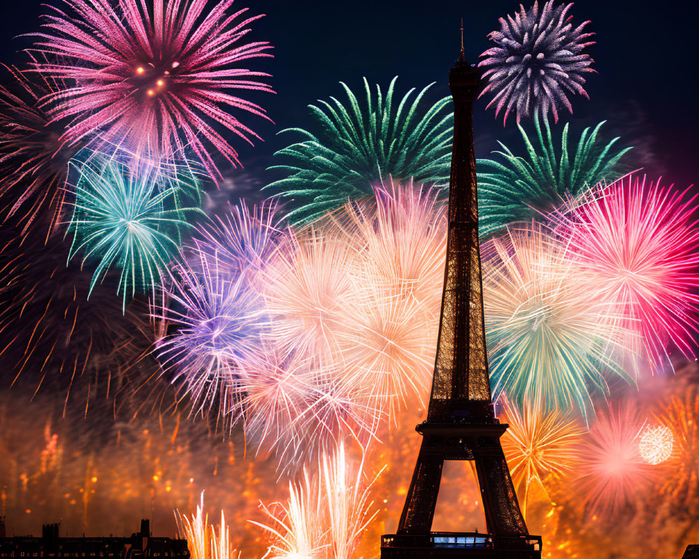 Vibrant fireworks display around Eiffel Tower at night