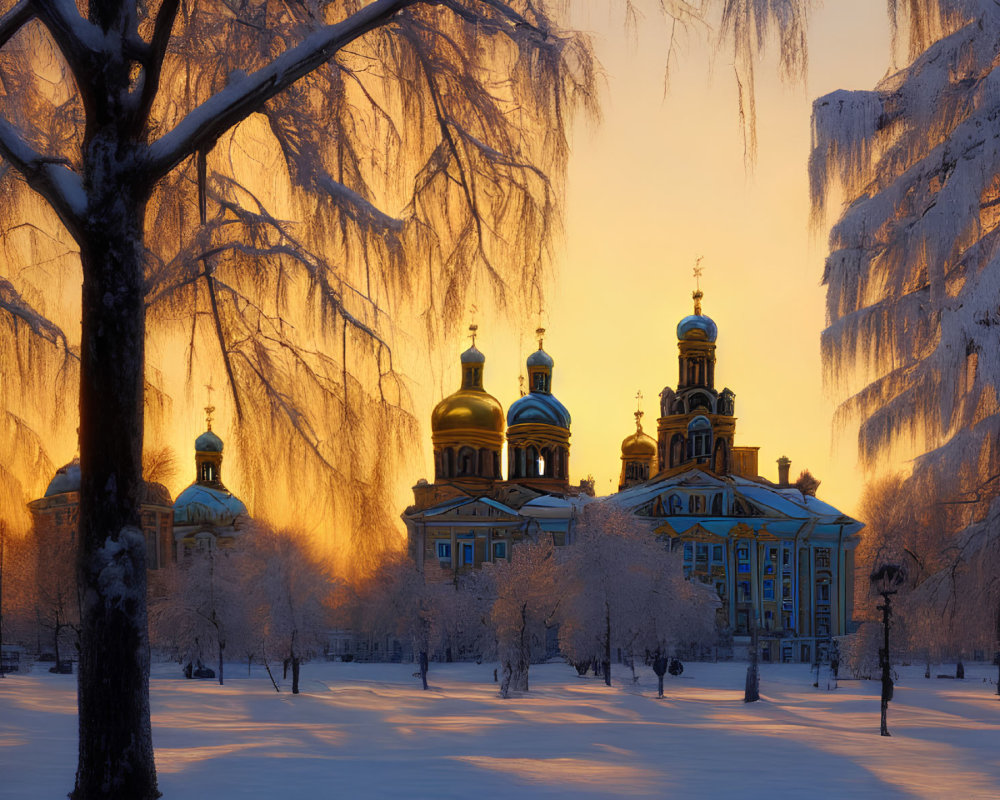 Snow-covered park at sunrise with golden-domed cathedral