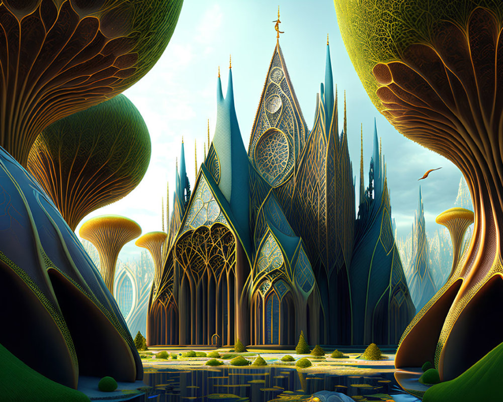 Fantastical landscape with ornate spires and whimsical trees reflected in water