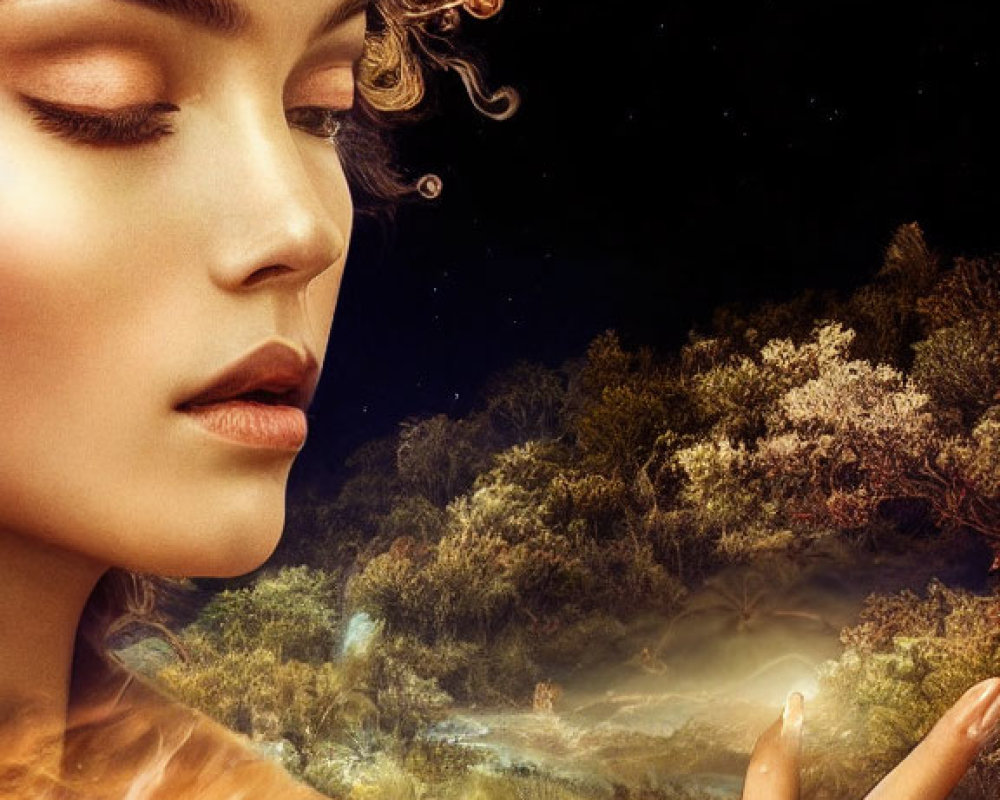 Surreal portrait of woman with cosmic theme and nature connection
