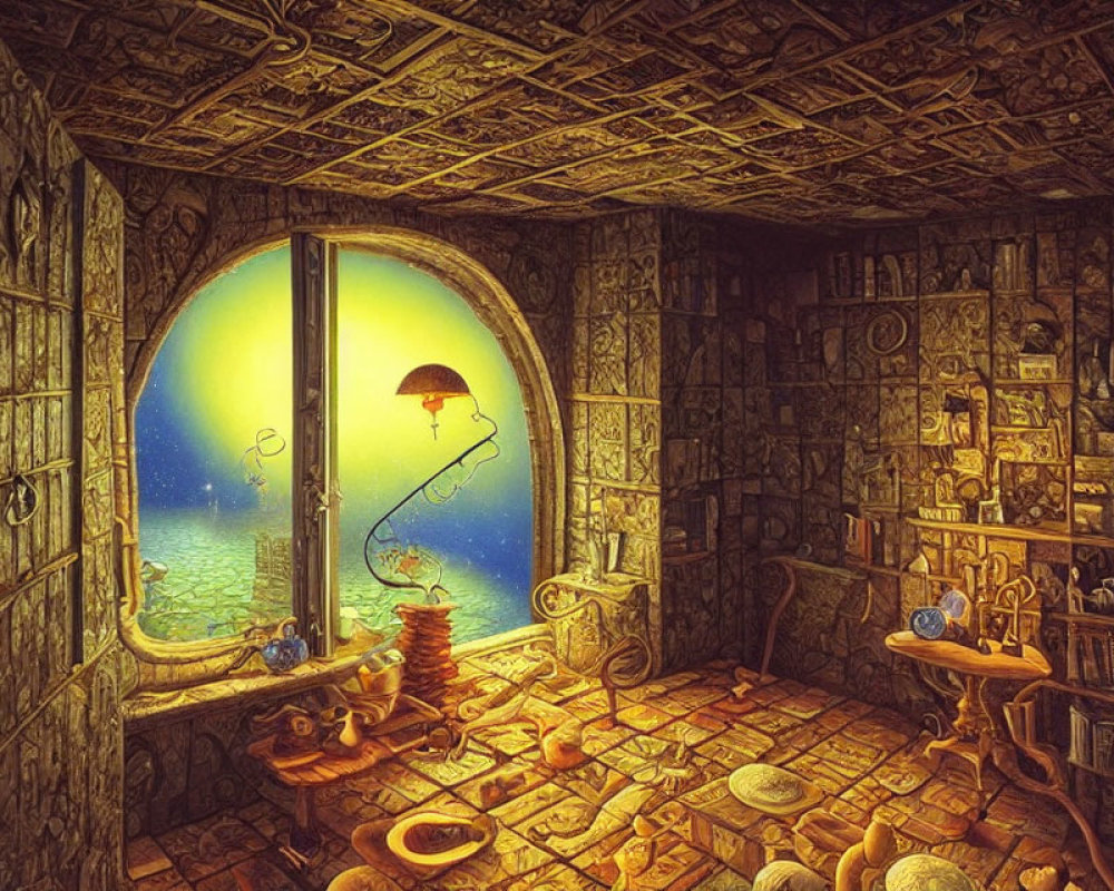 Underwater Room with Sea View, Books, Artifacts, and Lamp