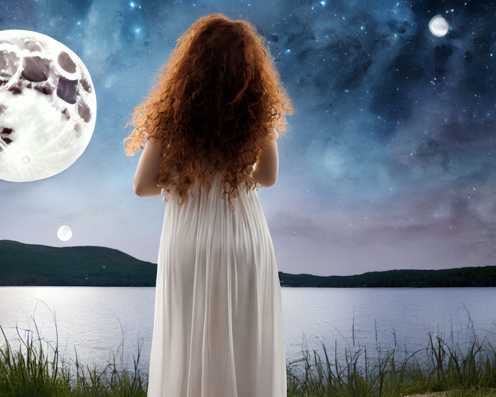 Woman in White Dress Contemplating Starry Night Sky by Lake
