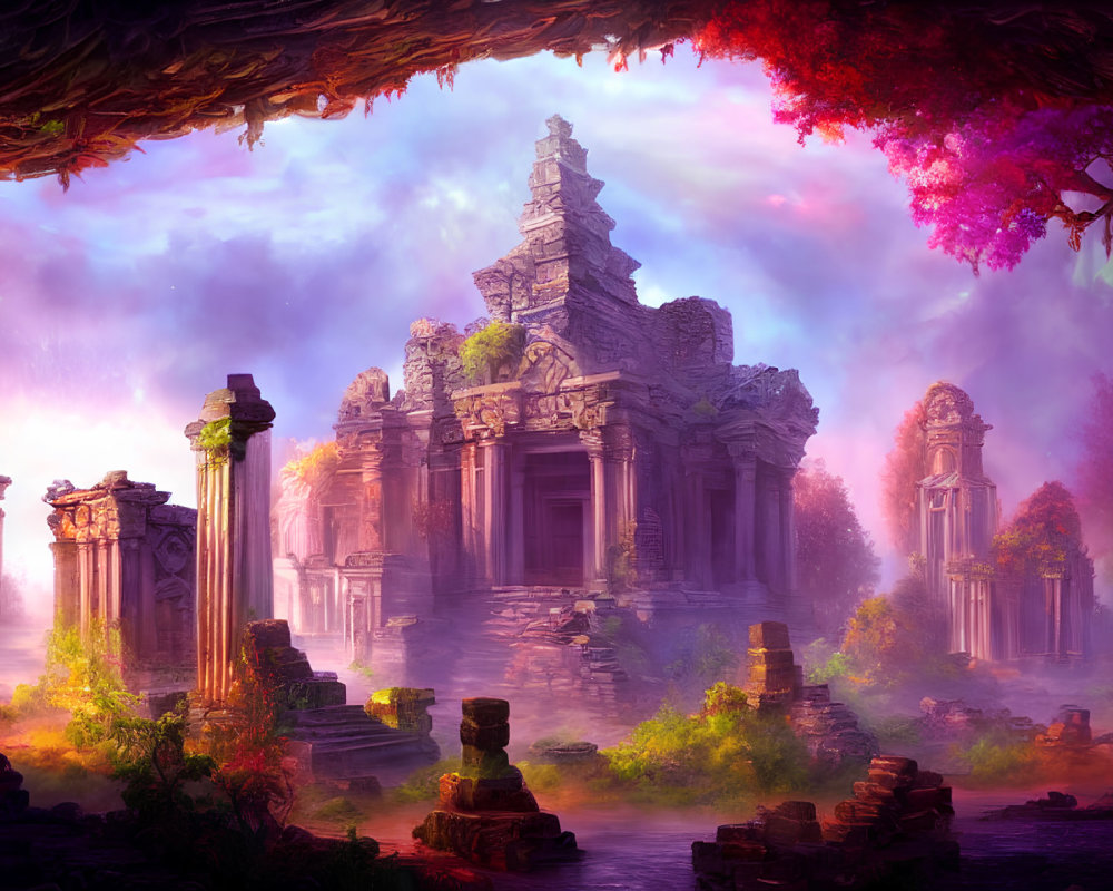 Ancient temple ruins in lush forest with purple foliage under warm light