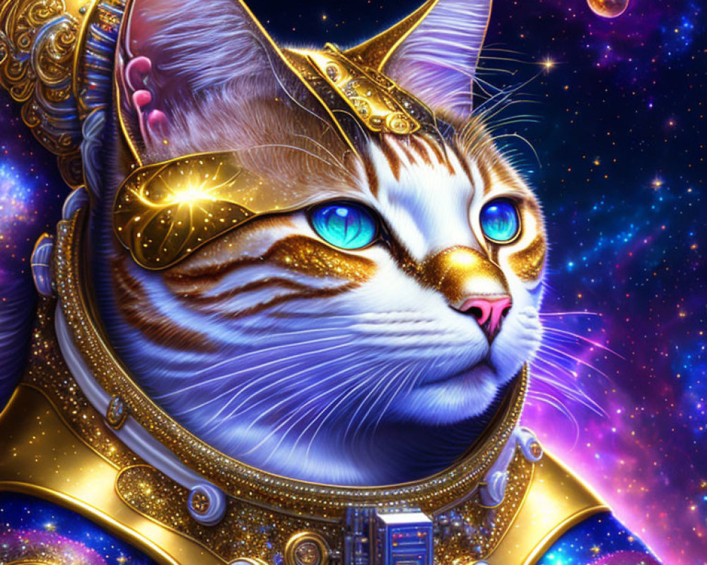 Regal cat in golden armor with space-themed background