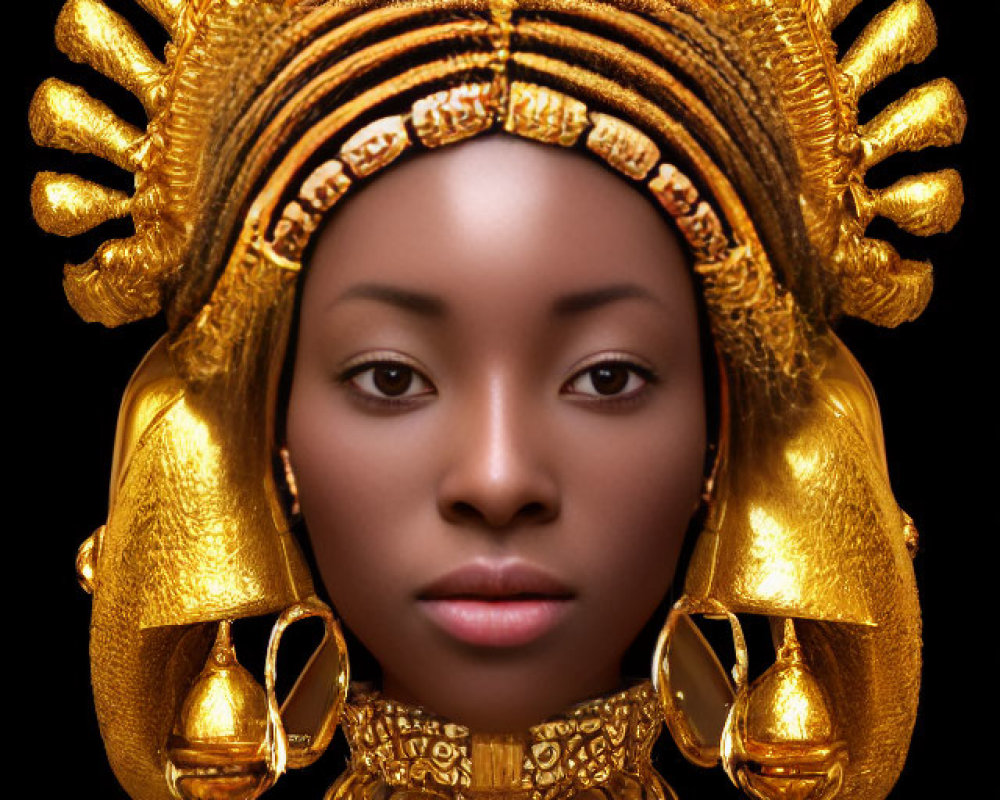 Elegant woman adorned in golden headgear and jewelry on dark background