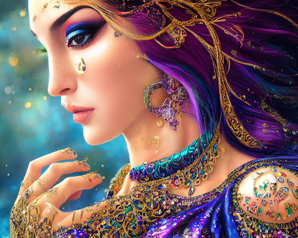 Digital Artwork: Woman with Purple Hair & Golden Jewelry on Starry Background