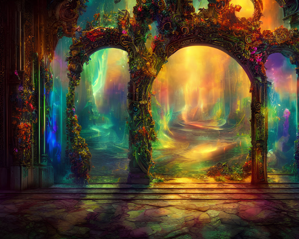 Vibrant fantasy landscape through ornate archway