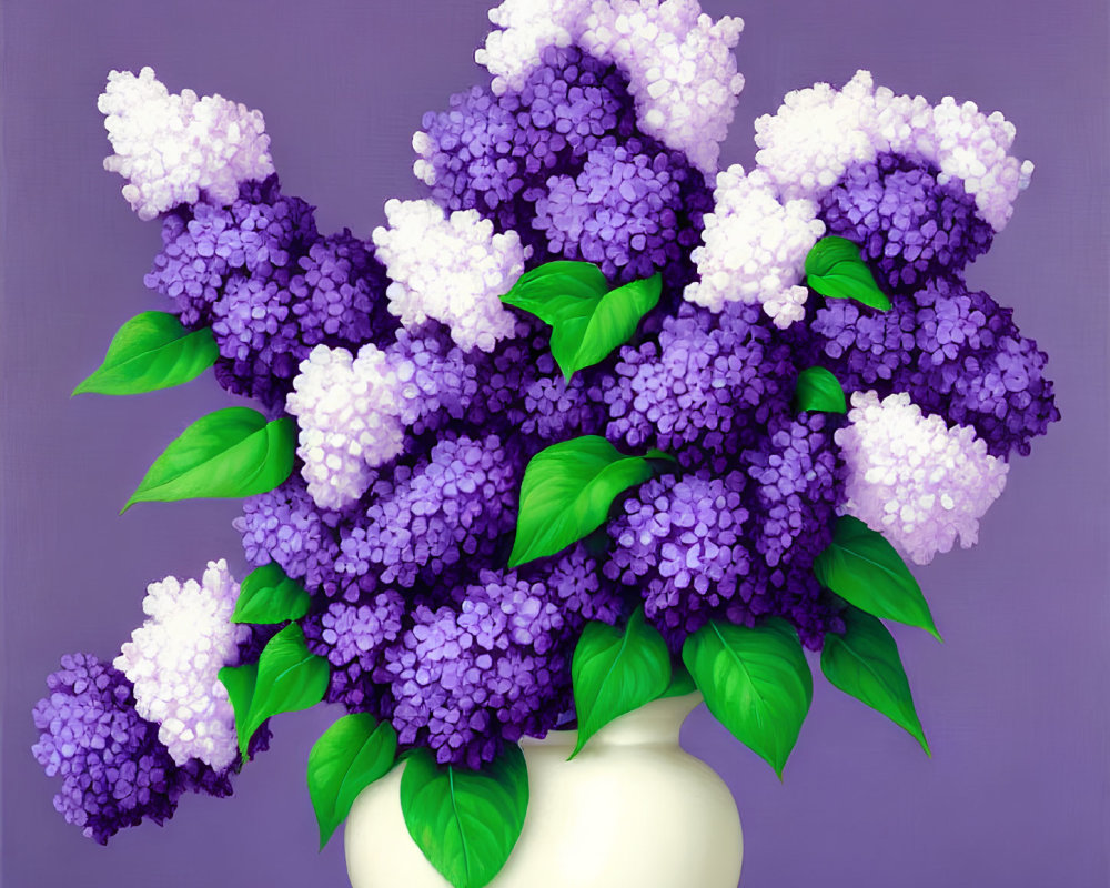 Purple lilacs in white vase on purple background with green leaves