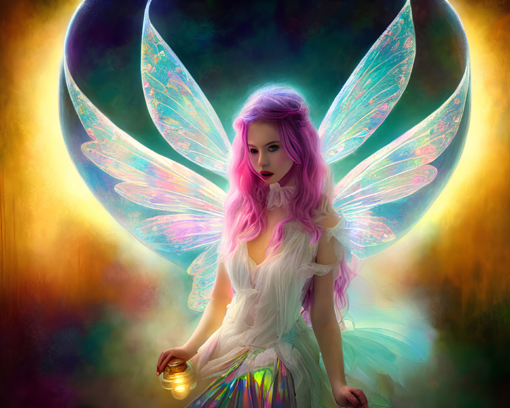 Pink-haired woman with fairy wings holding glowing orb in mystical setting