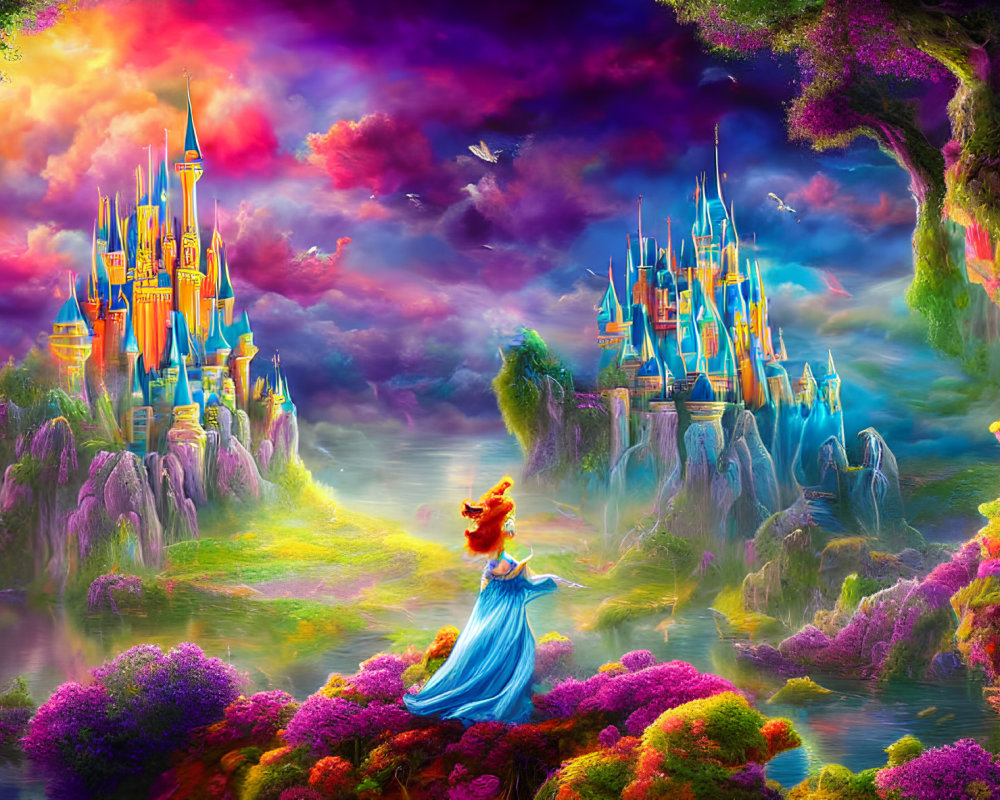 Colorful Fantasy Landscape with Castle, Trees, Birds, and Woman in Blue Dress