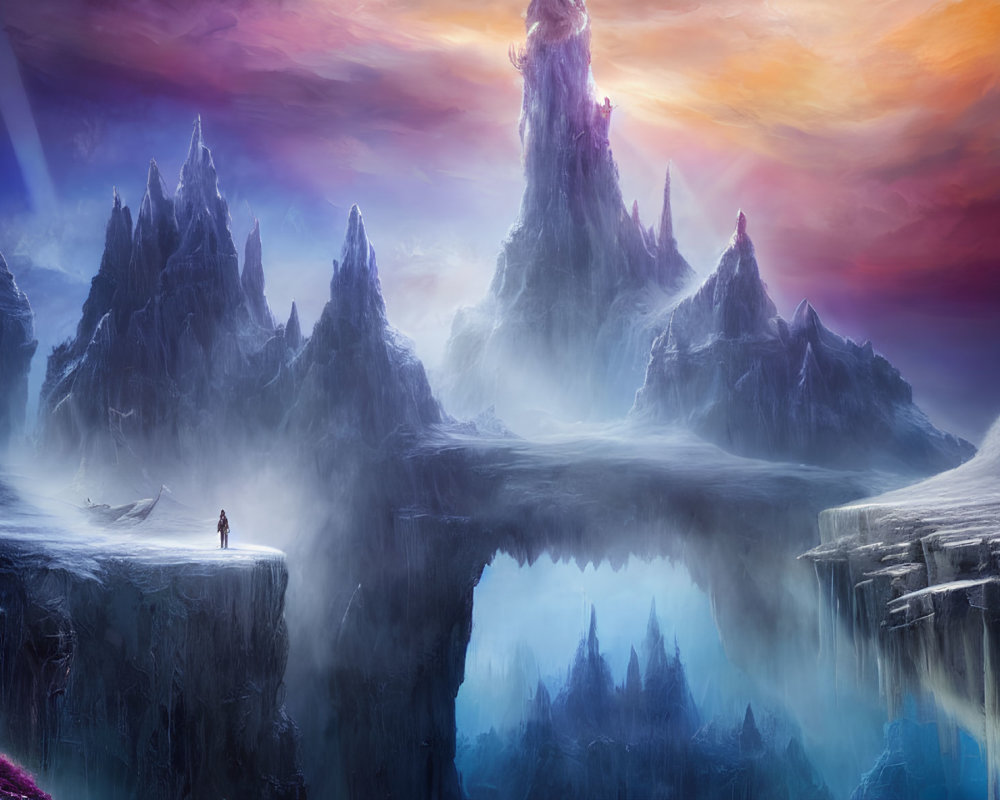 Person overlooking mystical landscape with ice spires, lake, and colorful sky