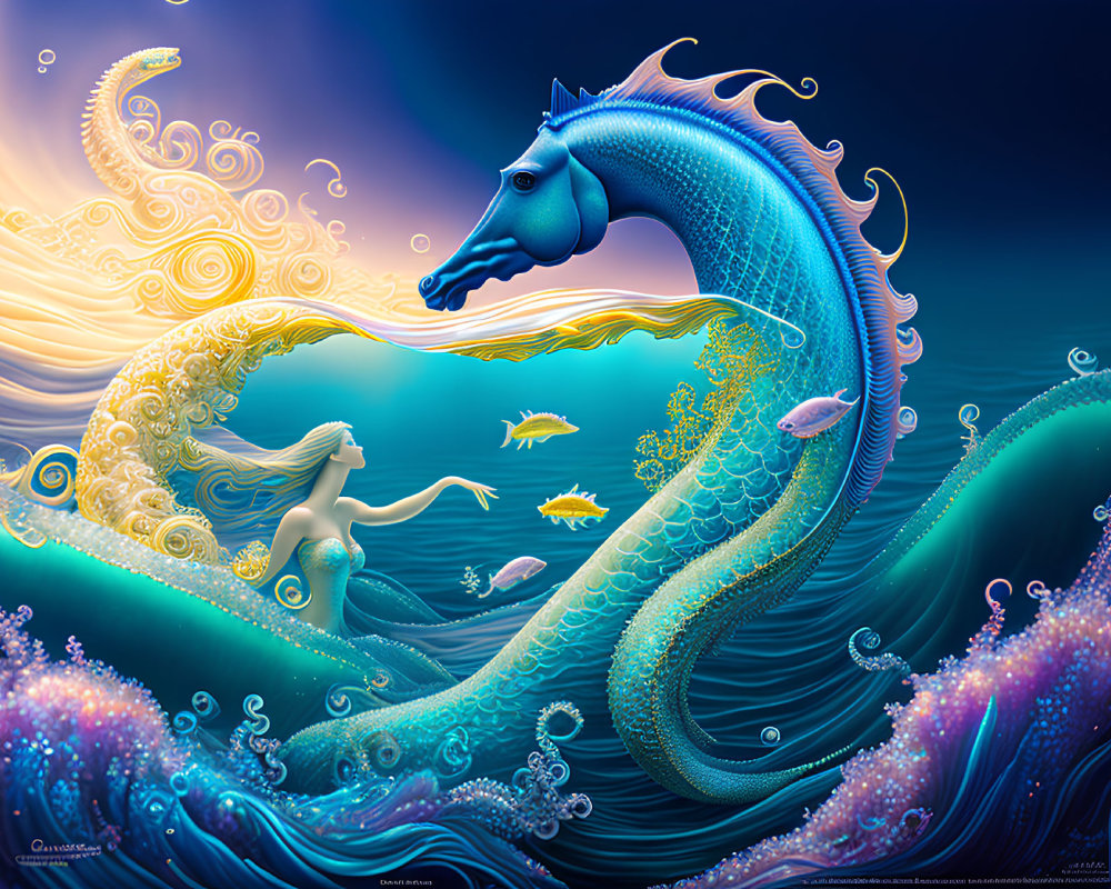 Mermaid and Sea Dragon in Mythical Ocean Scene
