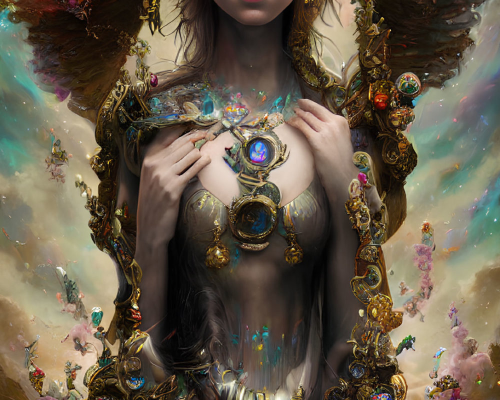 Ethereal woman with golden adornments in surreal setting