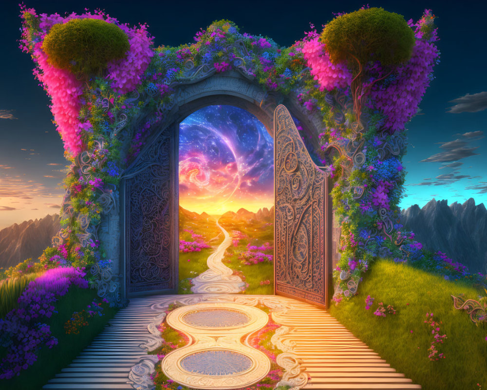 Ornate Gateway Surrounded by Lush Flowers and Vibrant Flora