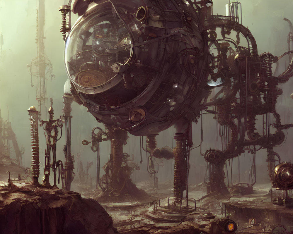 Steampunk landscape with towering structures and intricate machinery
