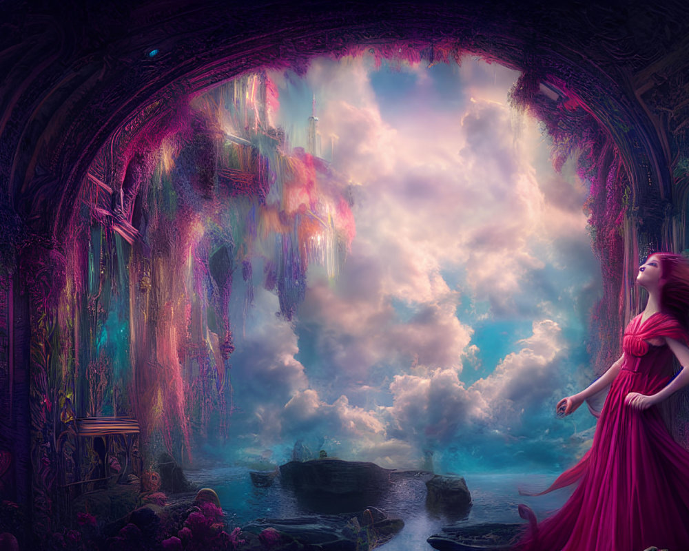 Woman in Red Dress at Colorful Portal Overlooking Serene Landscape
