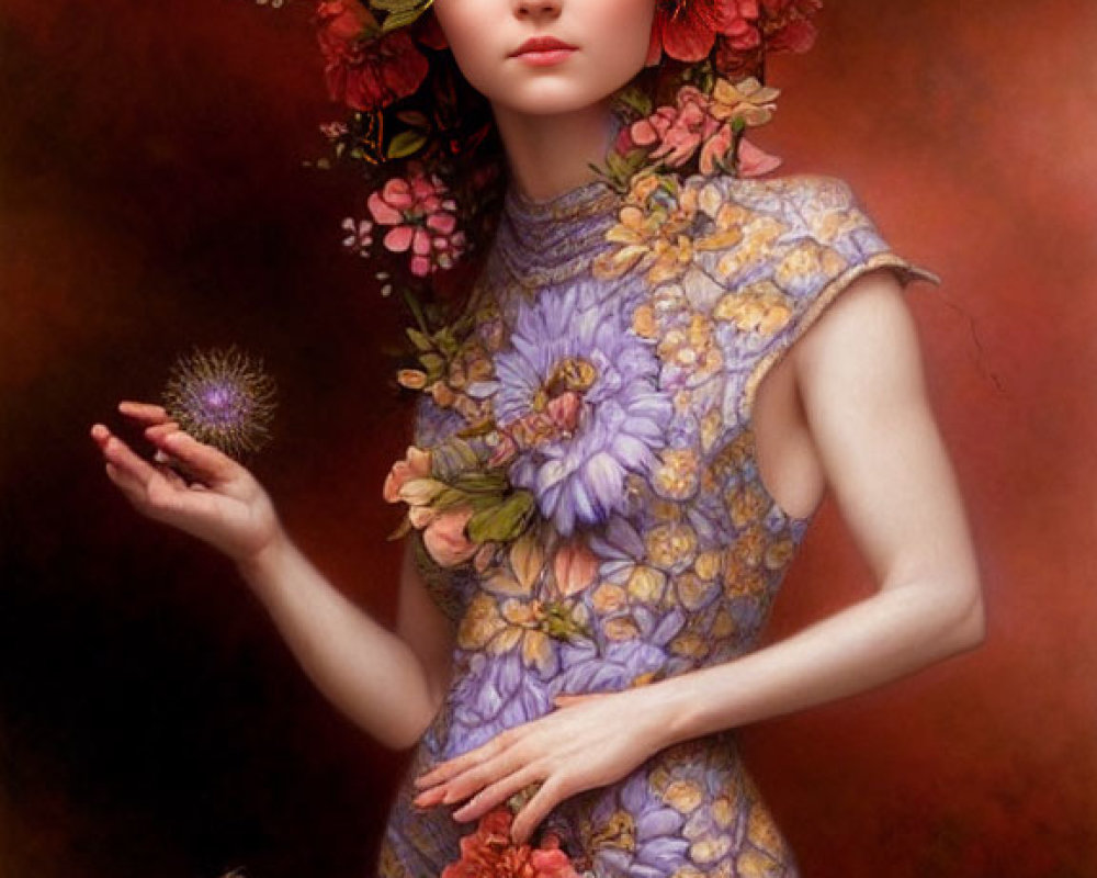 Woman with vibrant flower dress holding thistle surrounded by butterflies