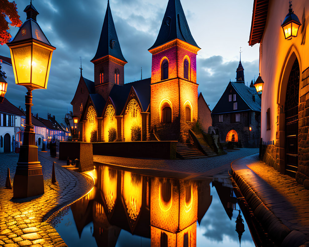 Tranquil village twilight scene with illuminated street lamps and reflections on water