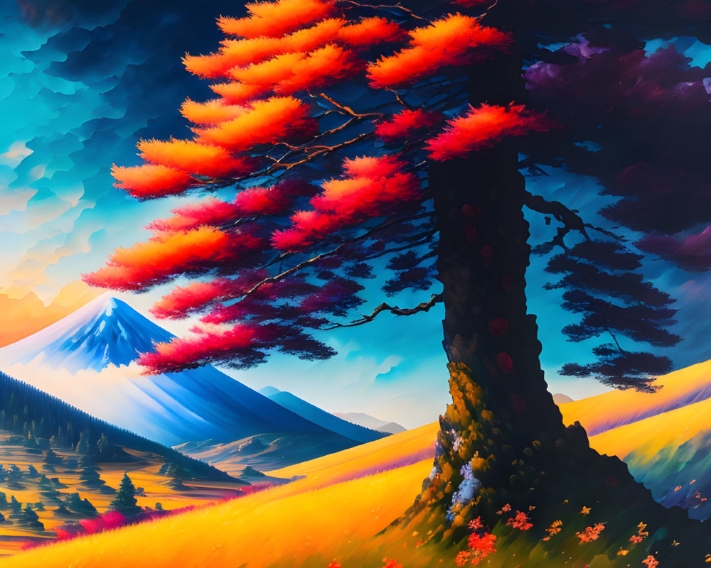 Vibrant digital painting of lone tree with fiery orange leaves against mountain backdrop