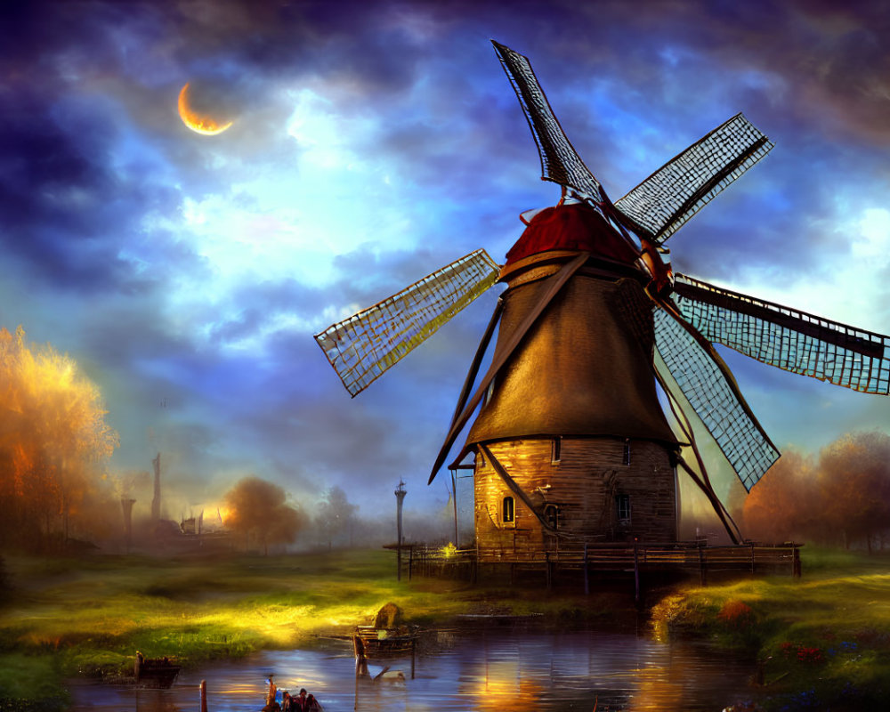 Traditional windmill by river at dusk with crescent moon and small boat