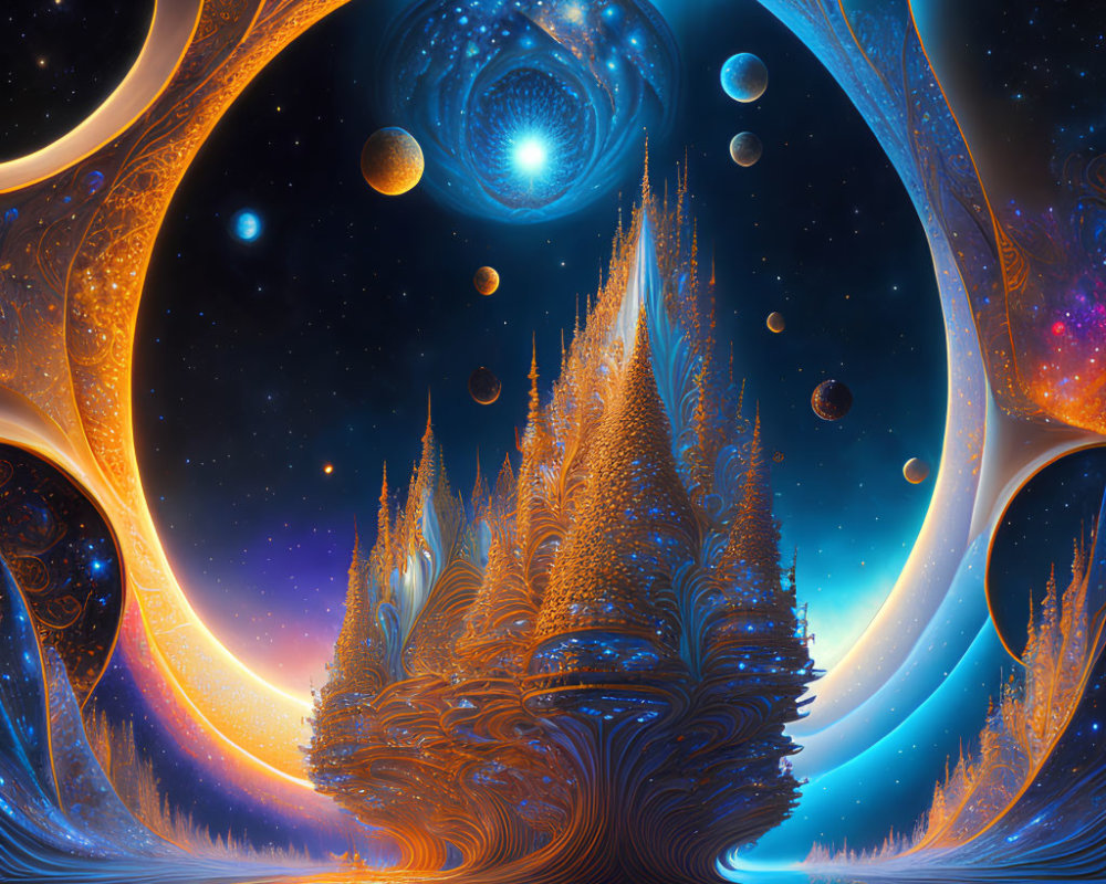 Vibrant blue and orange surreal cosmic landscape with swirling patterns