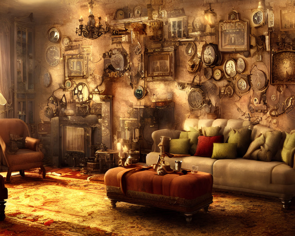 Room with Vintage Clocks, Sofa, Armchair, and Cozy Lighting