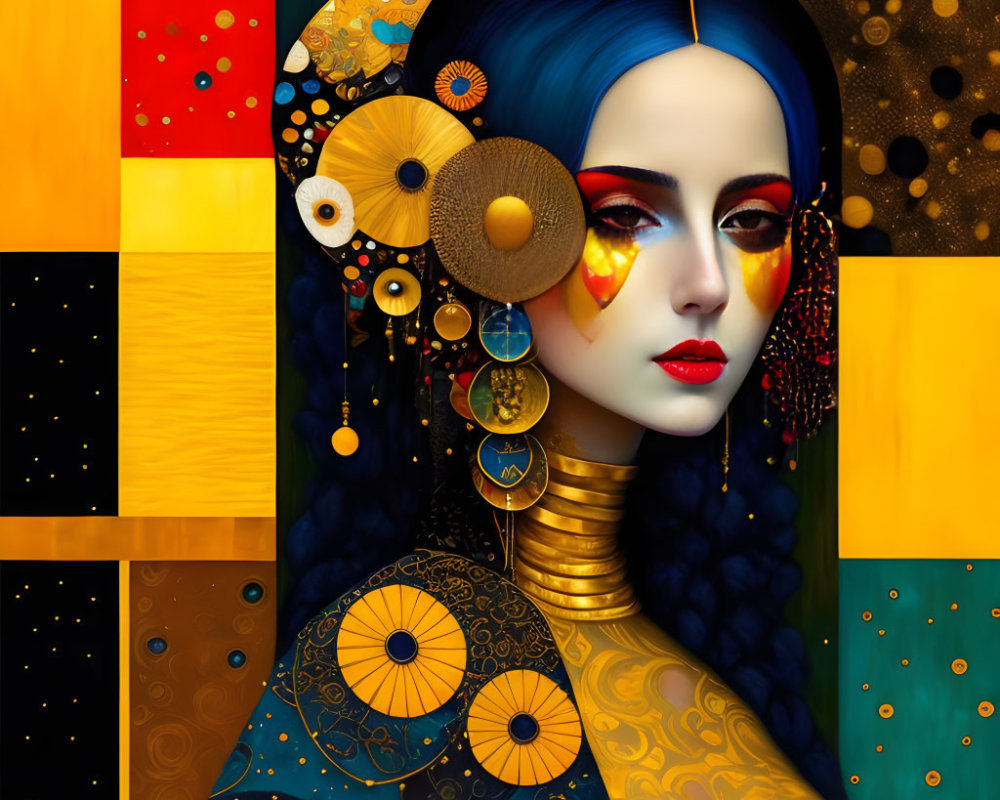 Colorful Geometric Portrait of Woman with Blue Hair and Golden Accessories
