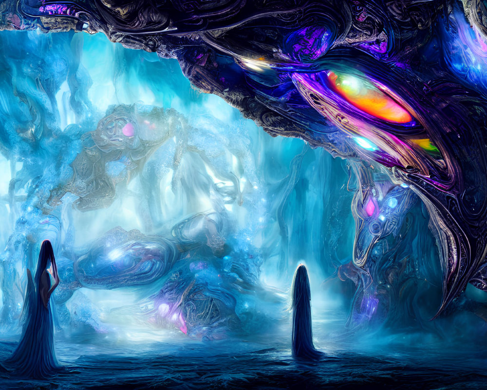 Alien entities and organic structures in blue and purple against icy cavernous backdrop