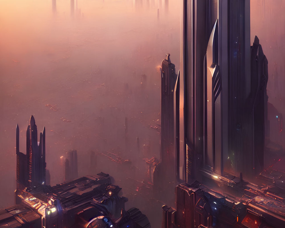 Futuristic cityscape with glowing skyscrapers and airships at dusk