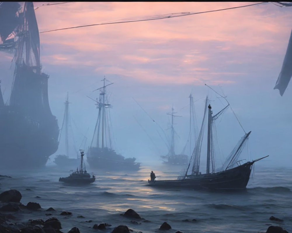 Misty harbor with tall ships at twilight and lone figure on rocky shore