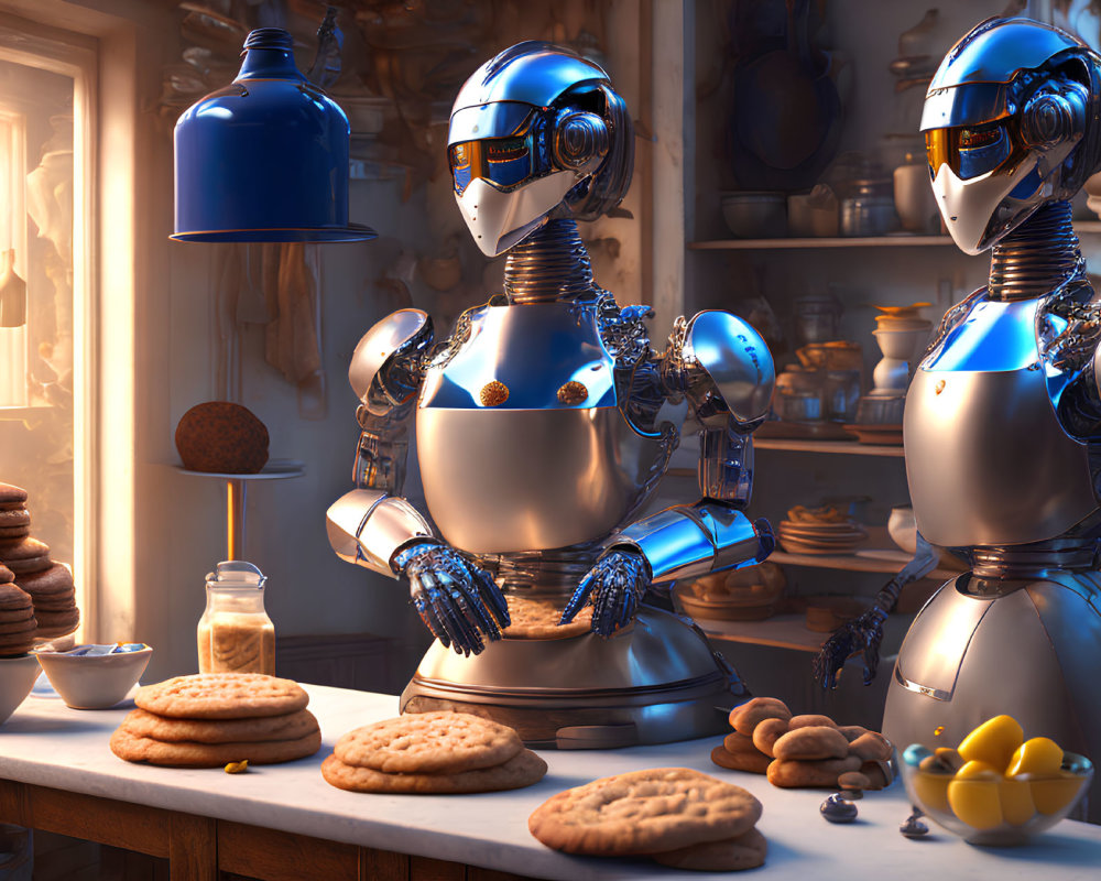 Two humanoid robots baking cookies in a cozy kitchen with ingredients.