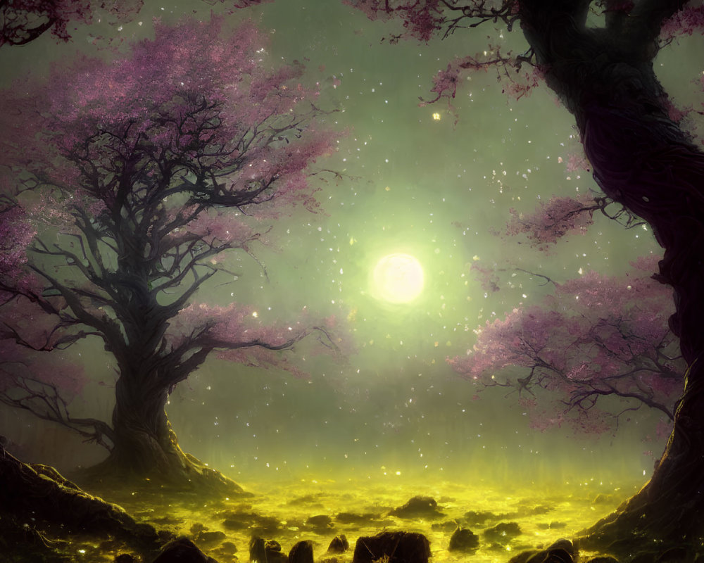 Ancient trees with pink blossoms in mystical yellow meadow under star-filled sky