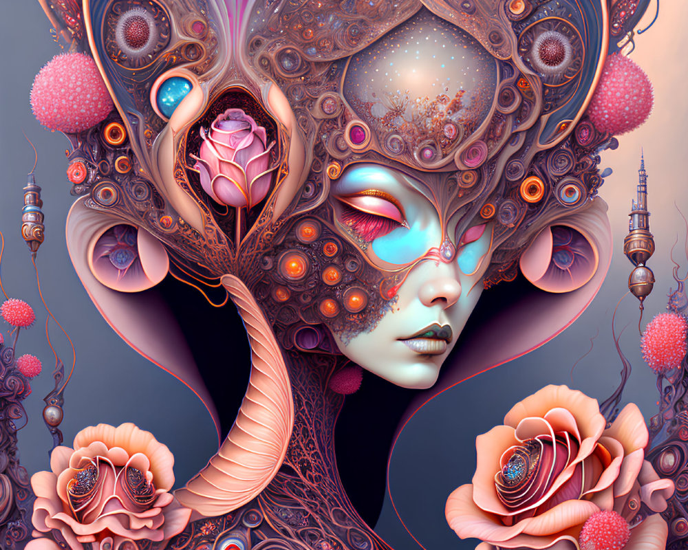 Surreal digital artwork: Female figure with ornate floral and cosmic motifs