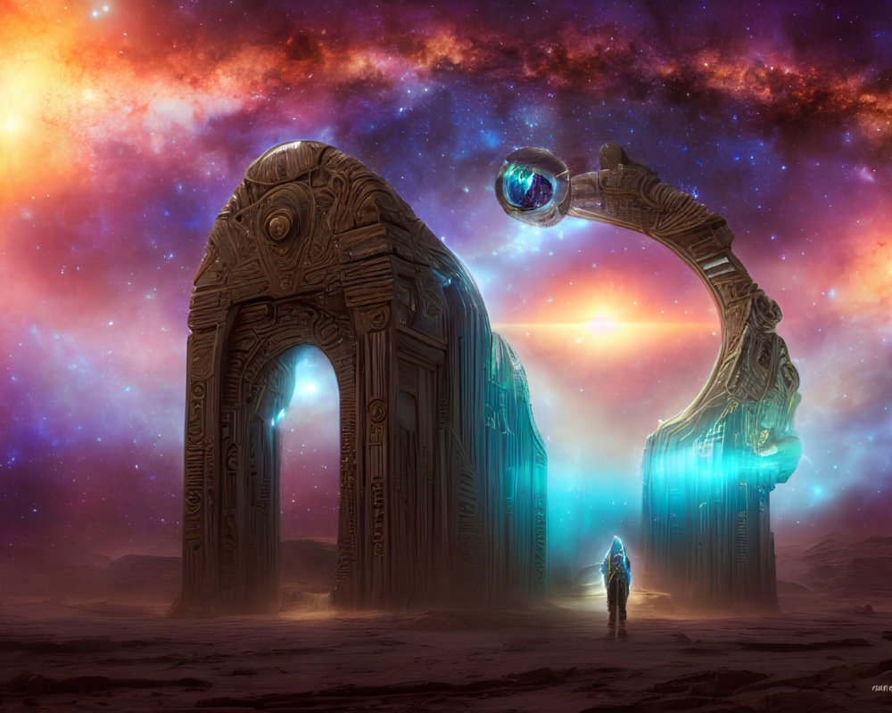 Person standing before large alien gateways in cosmic landscape