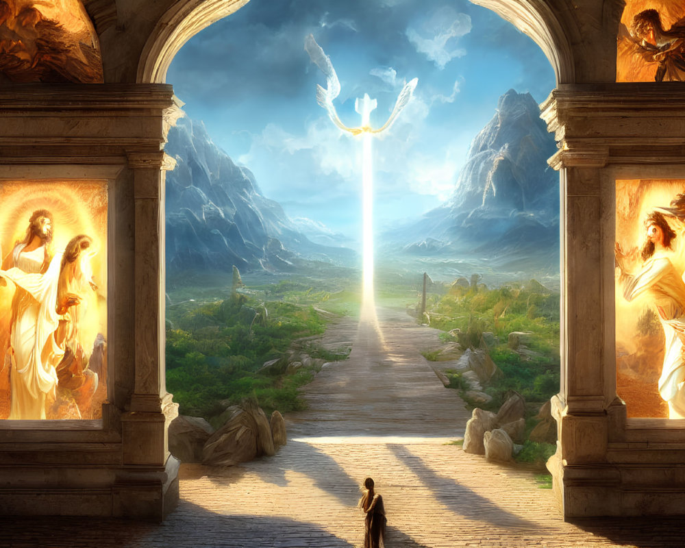 Person gazes at grand archway and glowing figure between mountains.